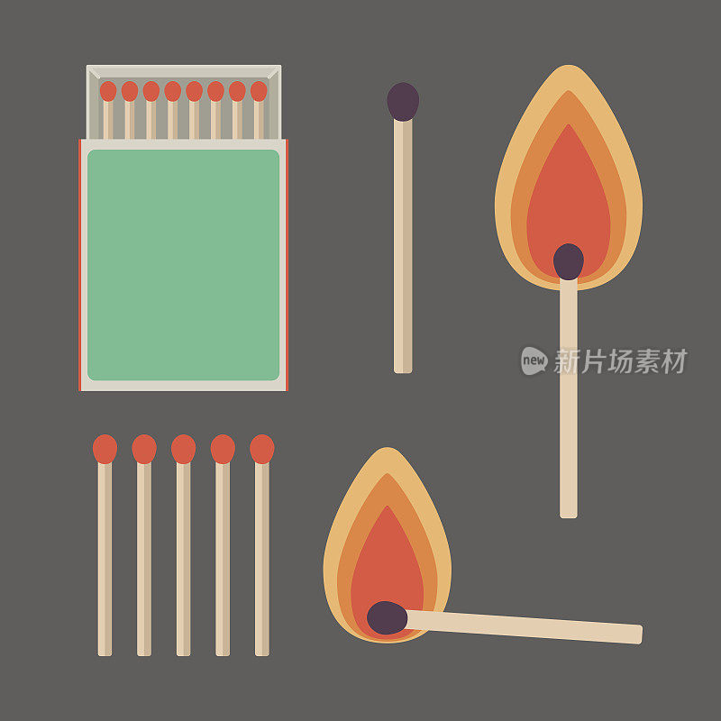 Match sticks and box set flat vector illustration